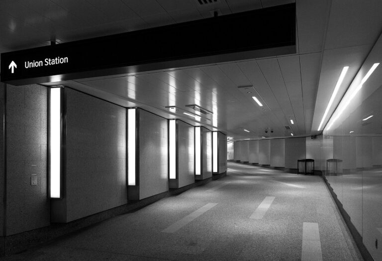 Underground Toronto in black and white with Union Station sign